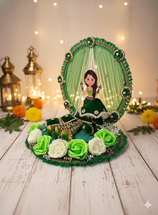 Sketchfab Mehndi Function Decorative Platter | Handmade Green & Gold Mehndi Thali with Doll Cutout, Floral Design & Decor Props | Bride-to-Be Mehndi & Haldi Ceremony Decoration Tray - Image 2